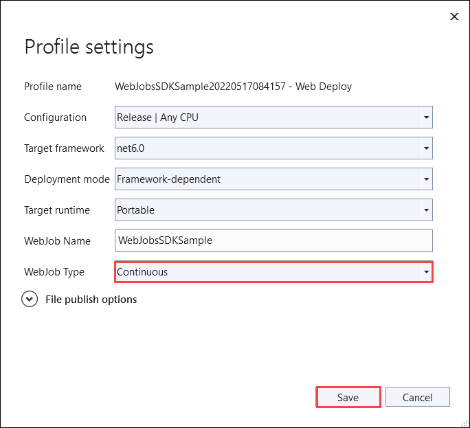 Publish Settings dialog box for a WebJob