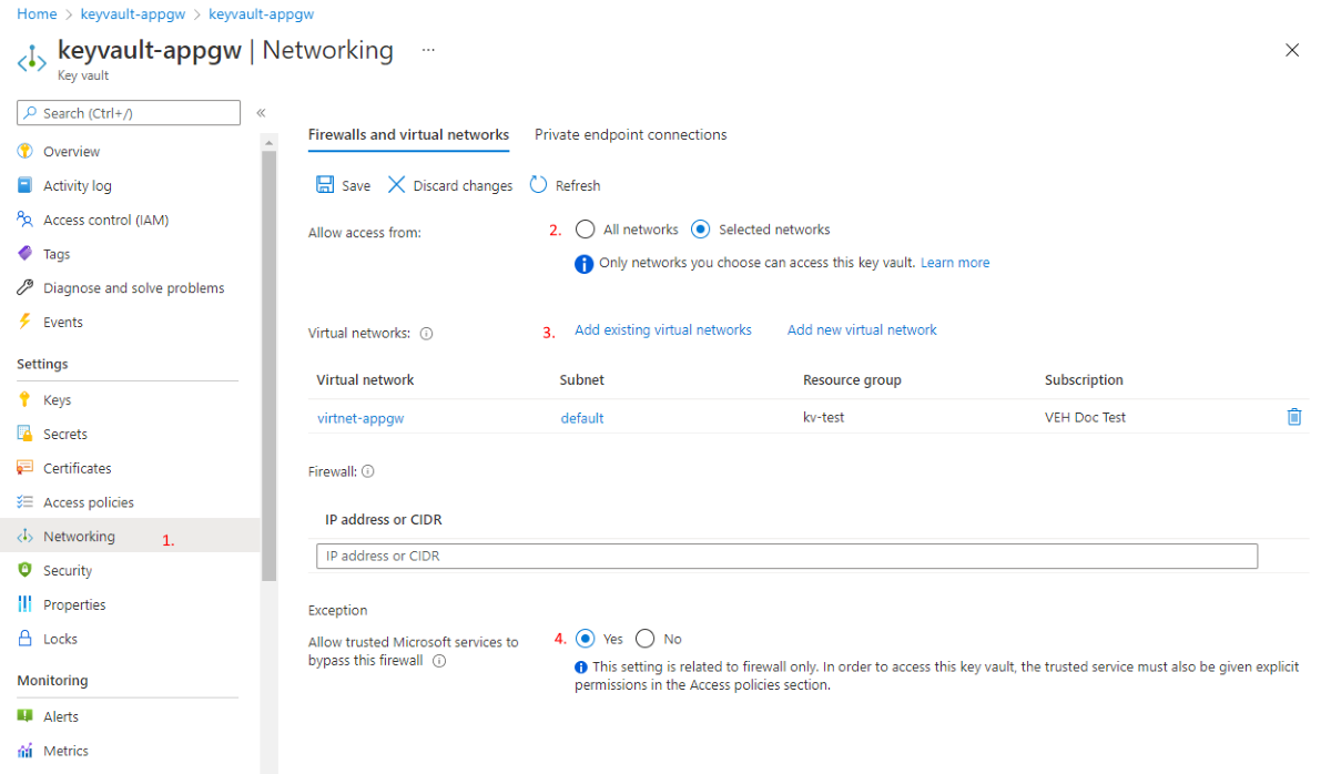 Screenshot that shows selections for configuring Application Gateway to use firewalls and virtual networks.