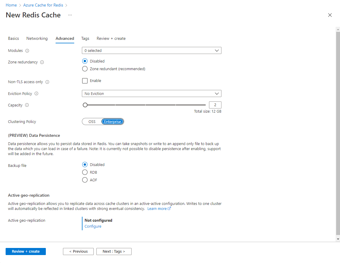 Screenshot that shows the Enterprise tier Advanced tab on the New Redis Cache pane.