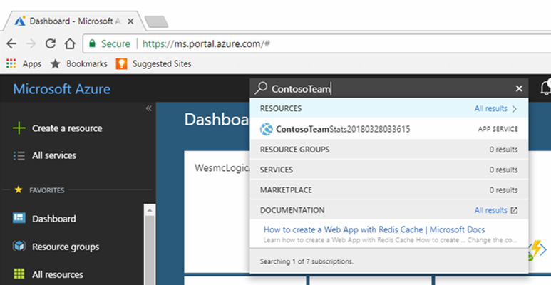 Screenshot that shows searching for an app in the Azure portal.