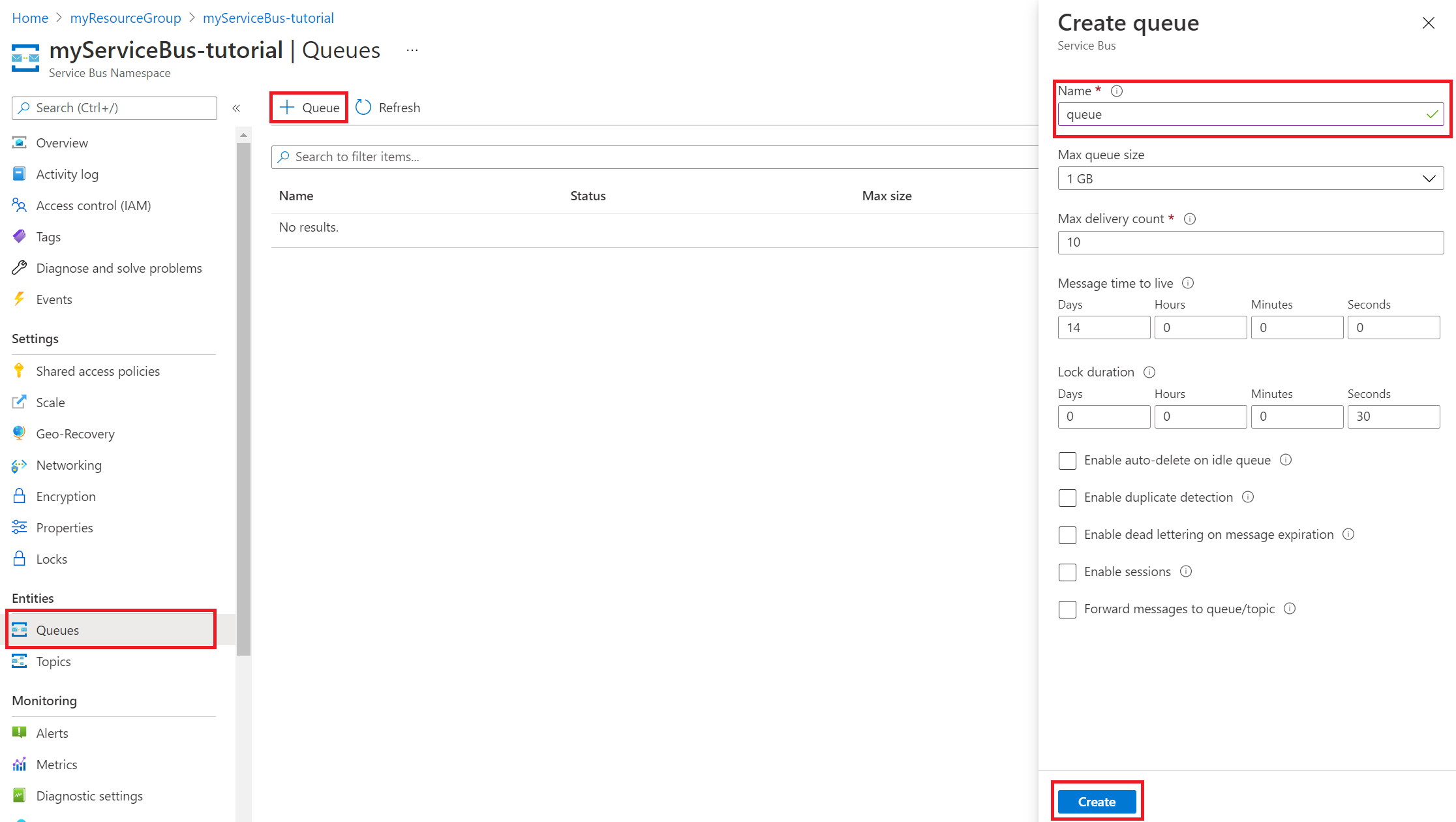 Screenshot of how to create a Service Bus queue.