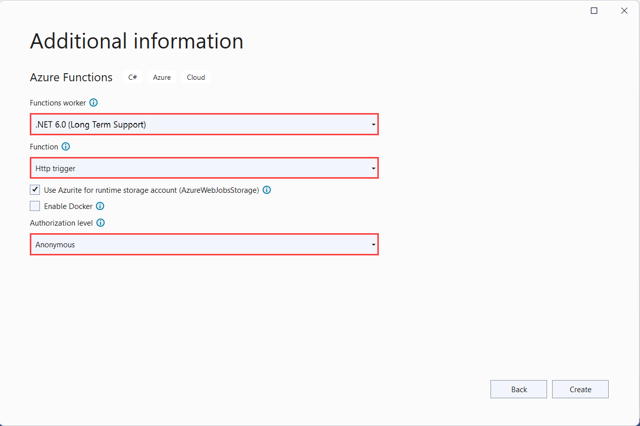 Screenshot of Azure Functions project settings