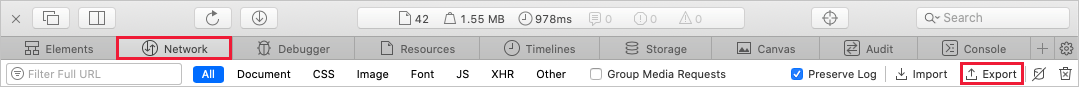 Screenshot of the "Export" command on the Network tab.