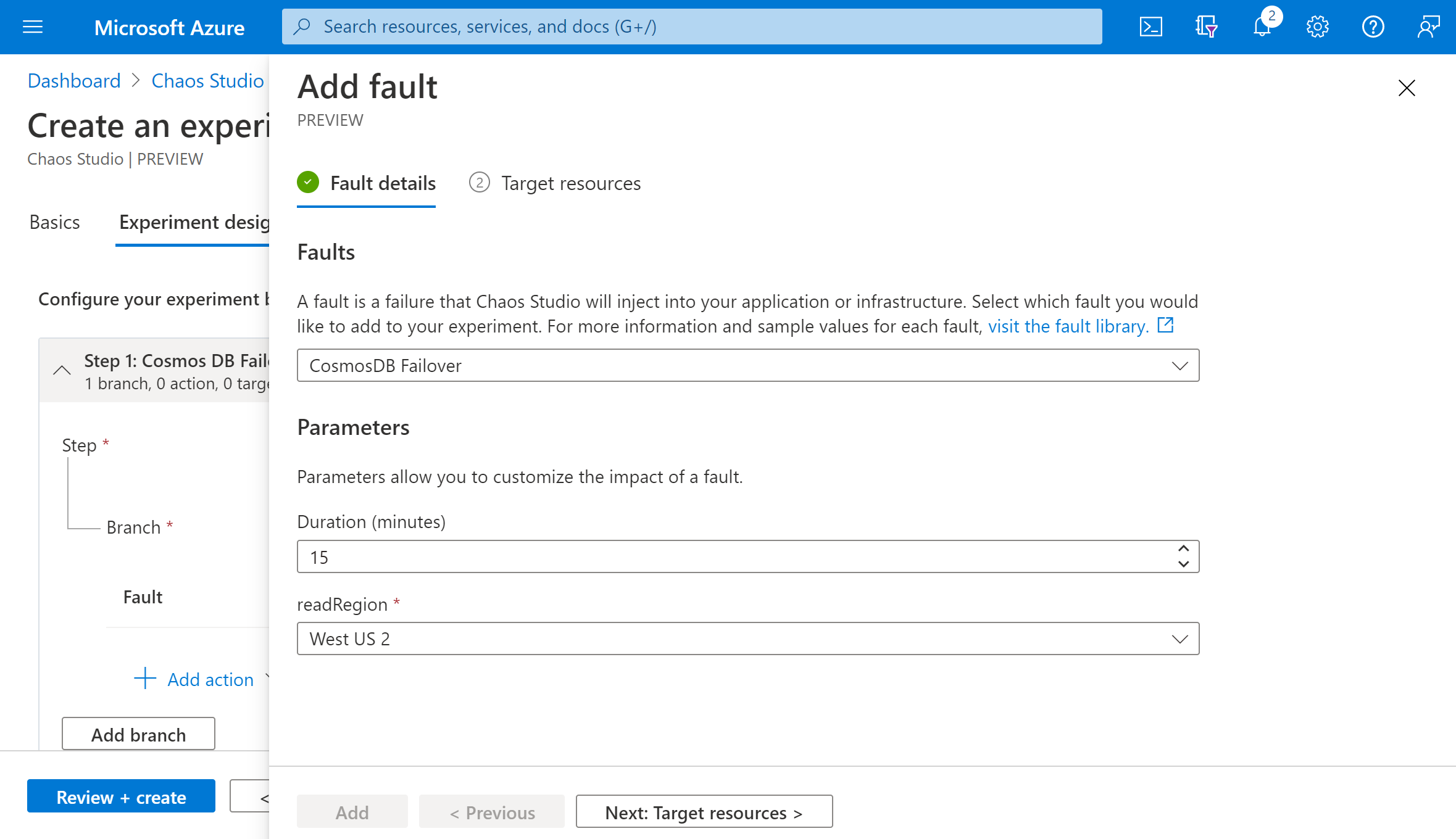 Screenshot that shows fault properties.