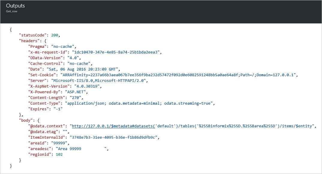 Outputs from "Get row" action