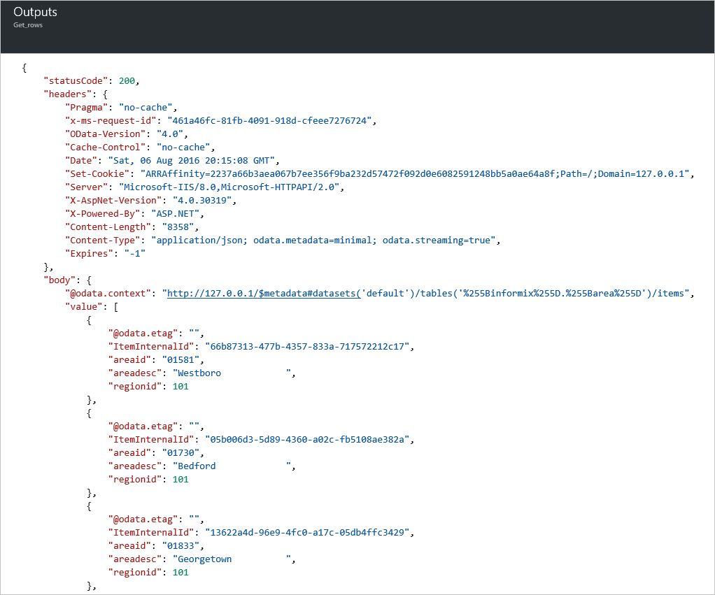 Outputs from "Get rows" action