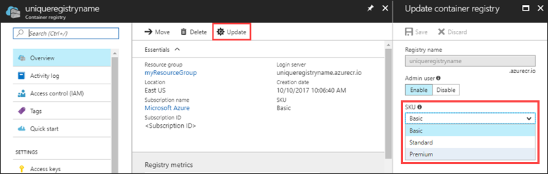 Update container registry SKU in Azure portal