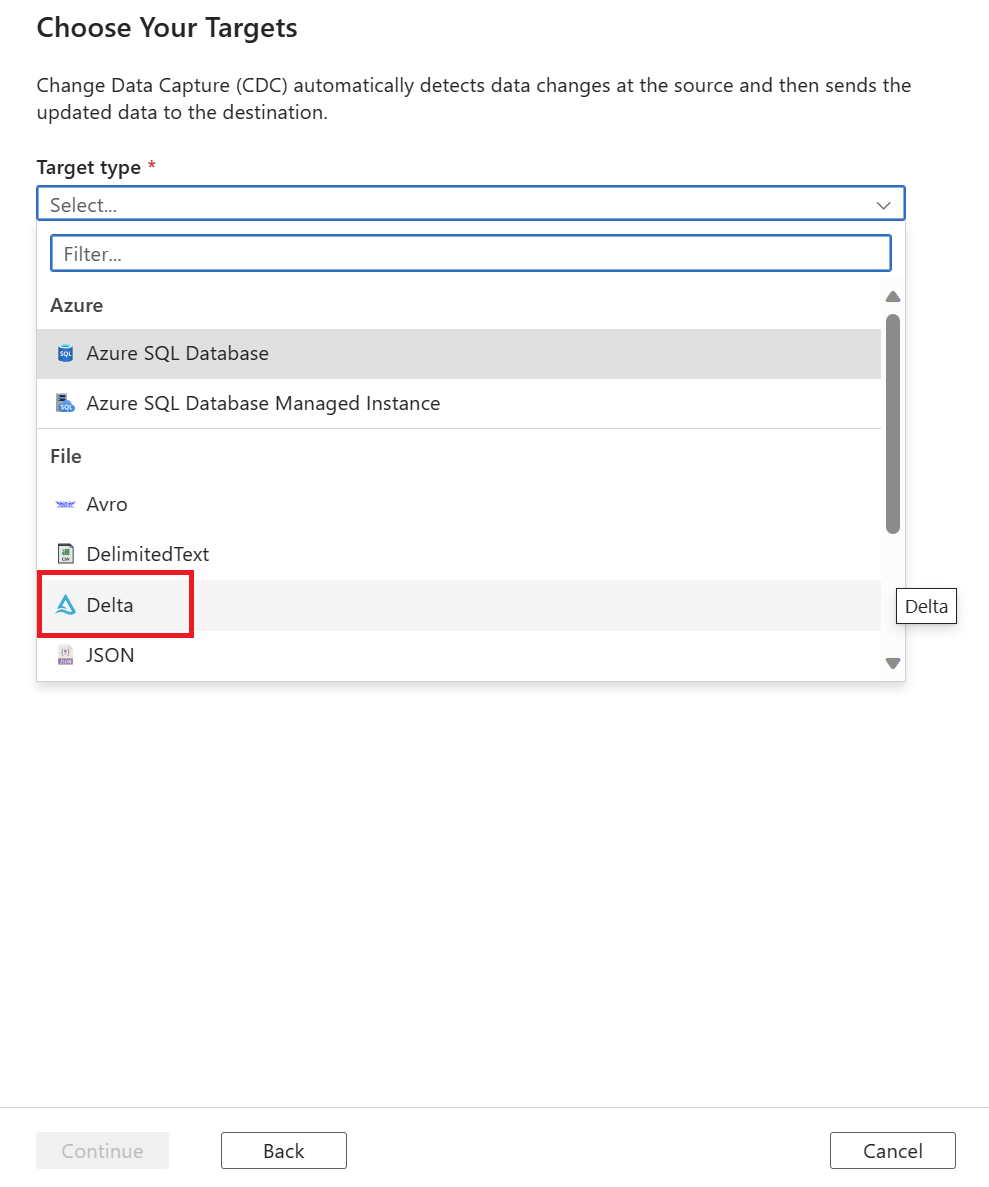 Screenshot of a dropdown menu of all data target types.