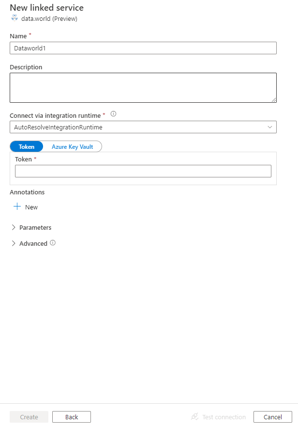 Screenshot of configuration for data.world linked service.