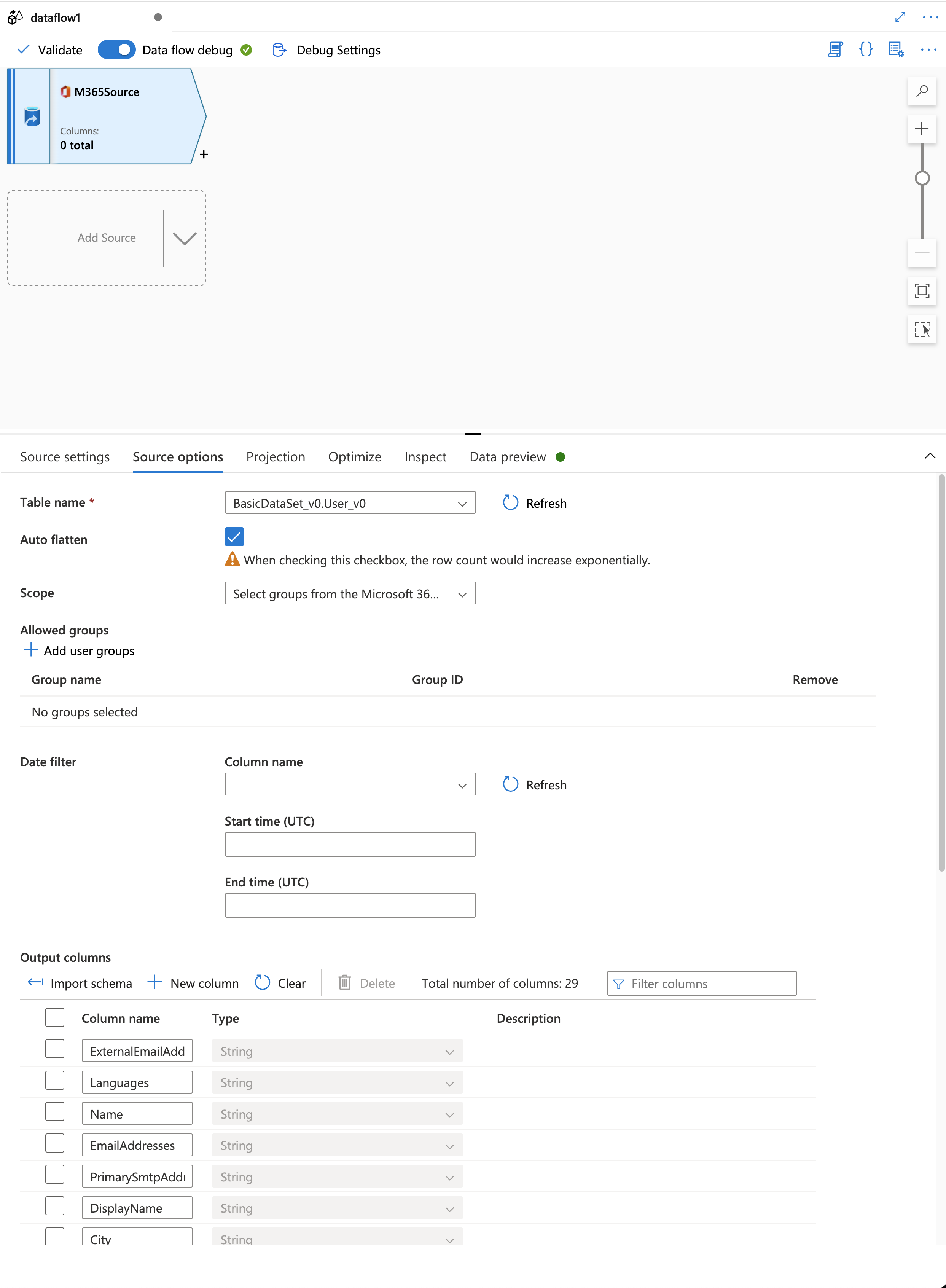 Screenshot of the source options of mapping data flow source.