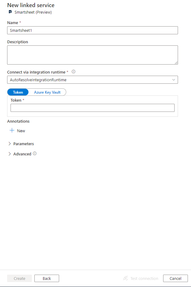 Screenshot of configuration for Smartsheet linked service.