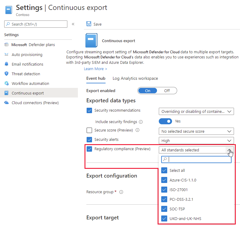 The options for including regulatory compliance assessment information with your continuous export data.