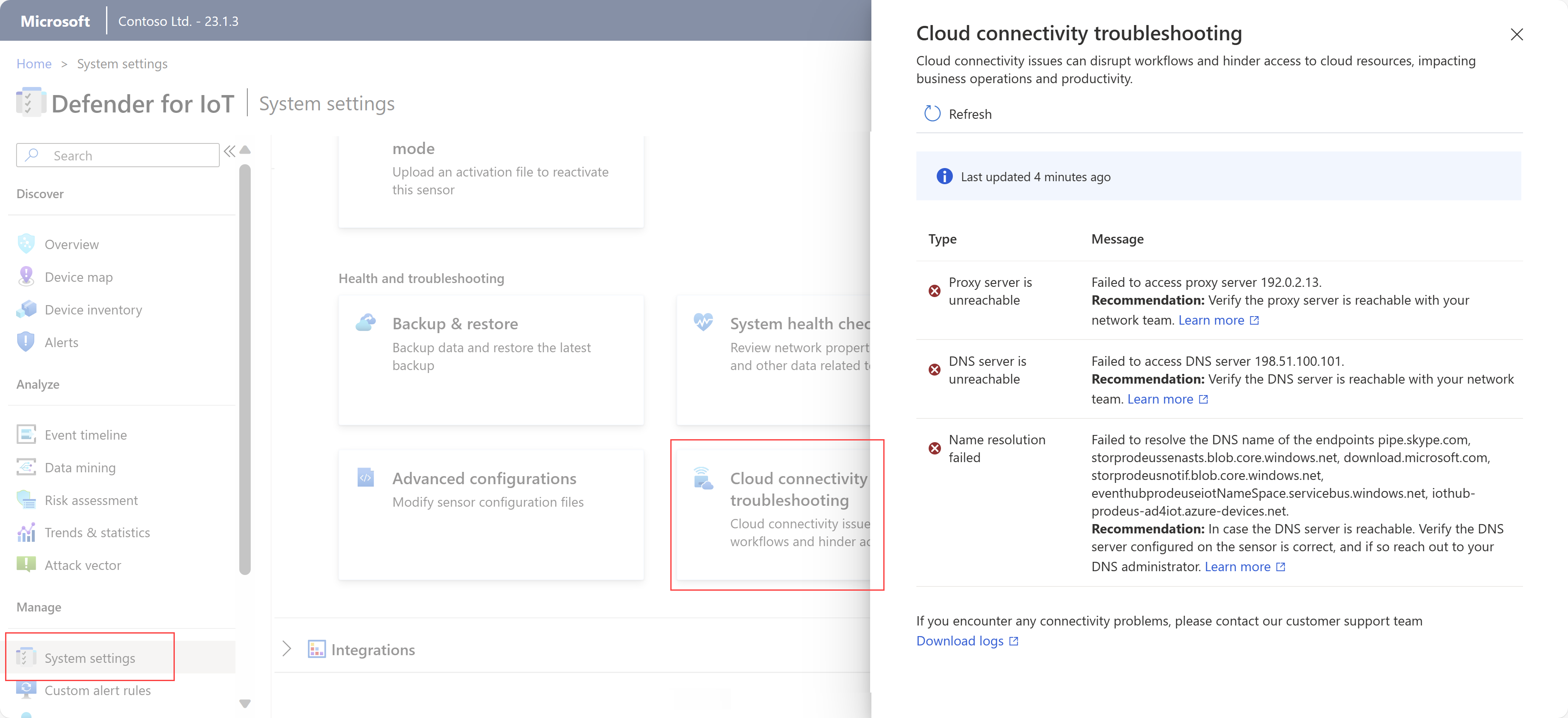 Screenshot of the Connectivity troubleshooting pane.