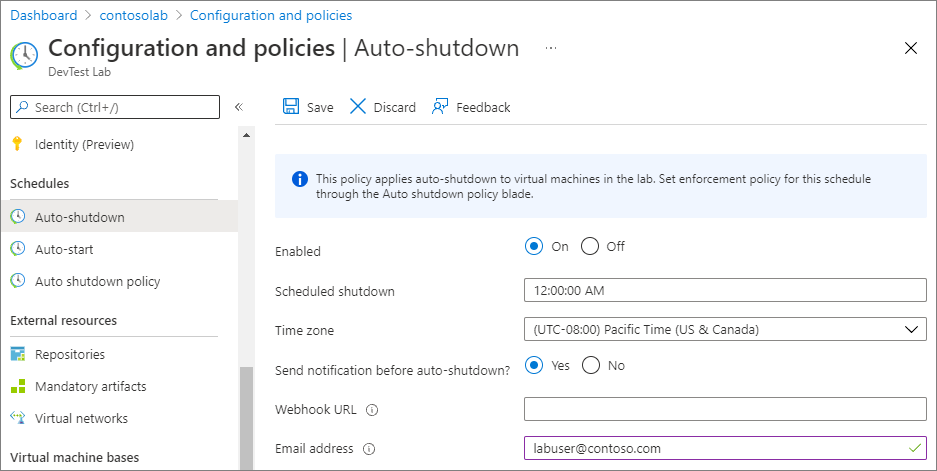 Screenshot showing setting auto shutdown details for a lab.