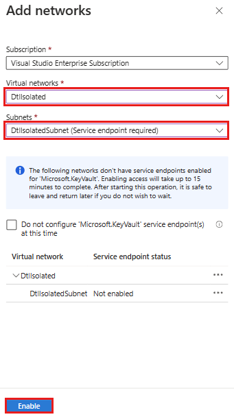 Screenshot that shows enabling a virtual network and subnet in a key vault.