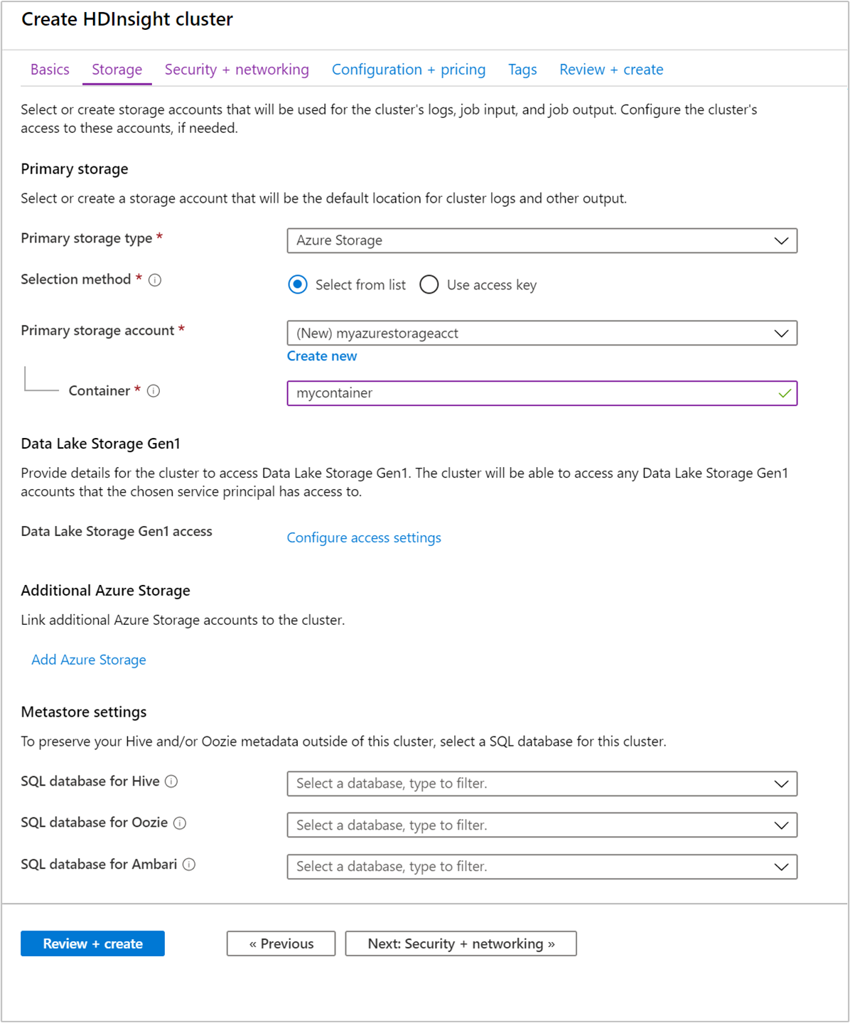 HDInsight create cluster storage.