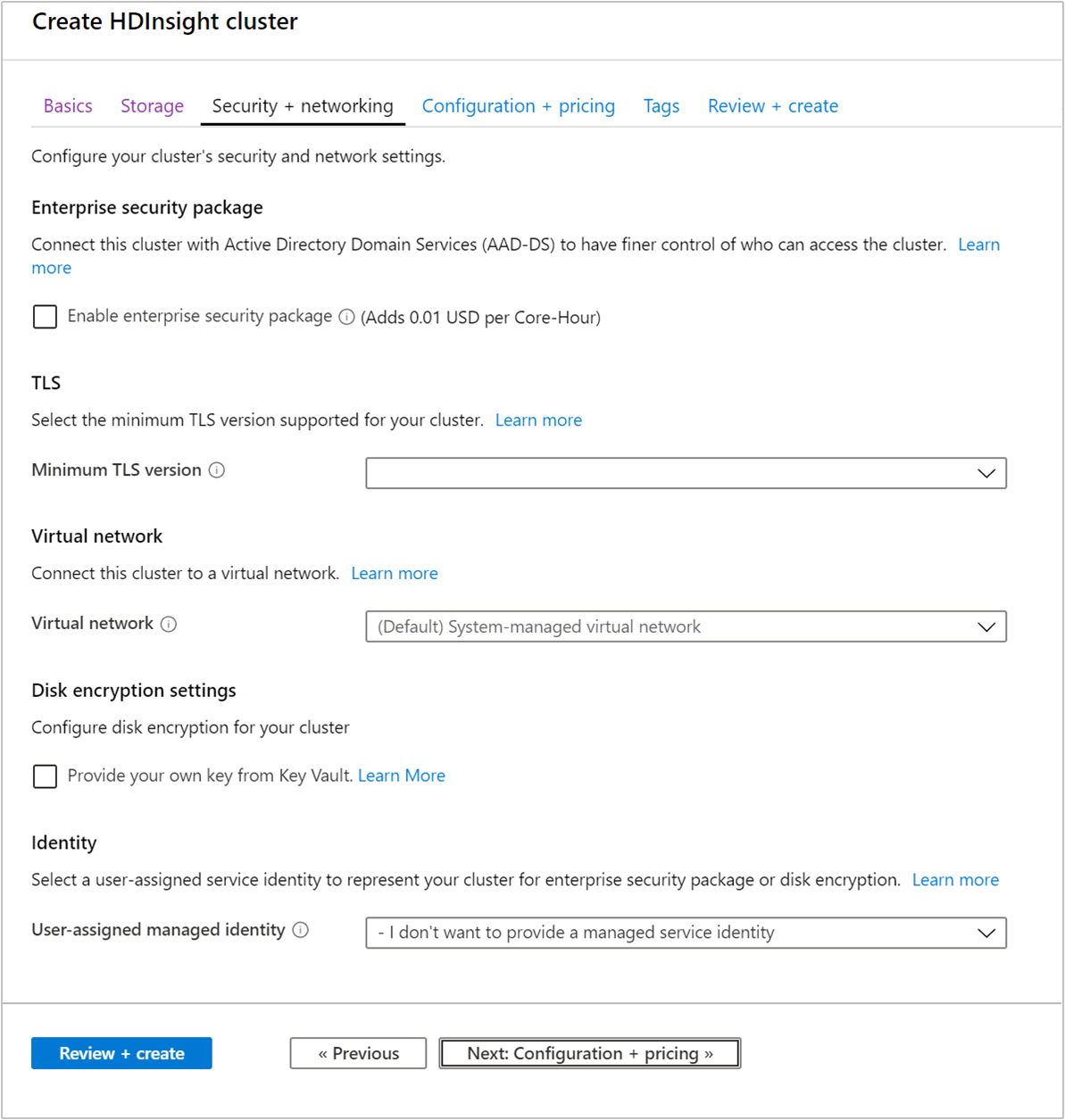 HDInsight create options choose enterprise security package.