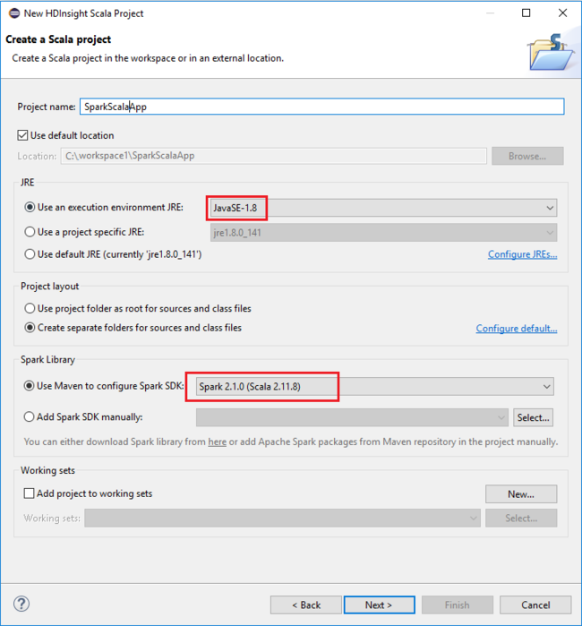 New HDInsight Scala Project dialog box.