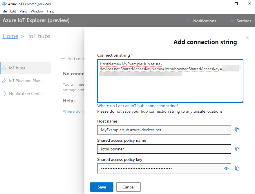 Screenshot of adding a connection in IoT Explorer