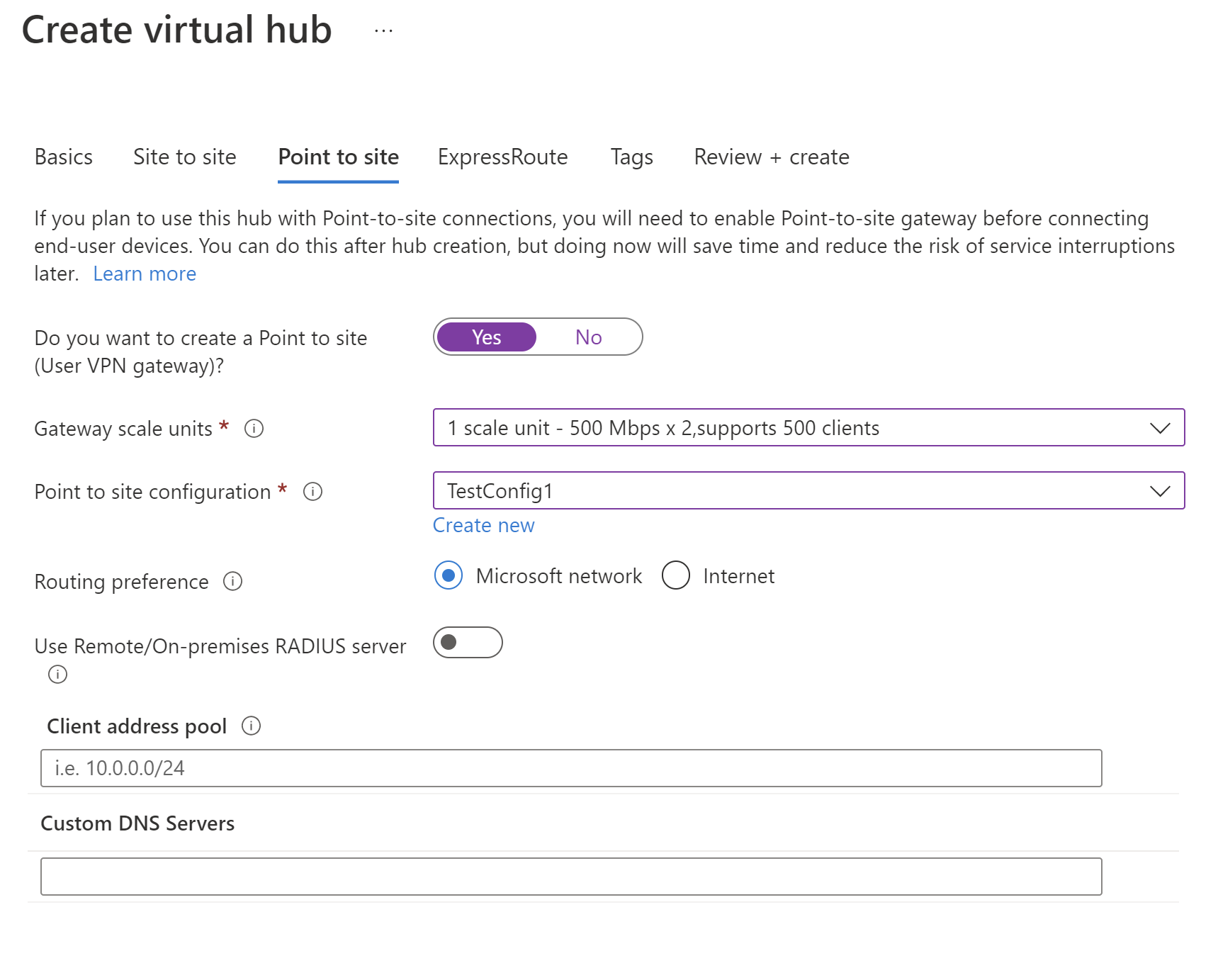 Screenshot of virtual hub configuration with point-to-site selected.