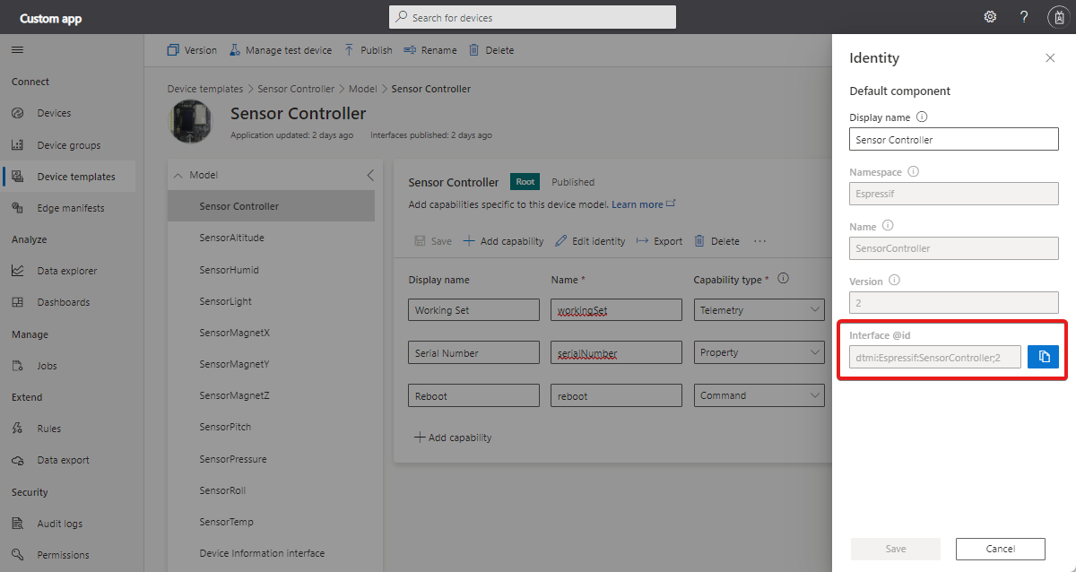 Screenshot that shows model ID for device template root interface.