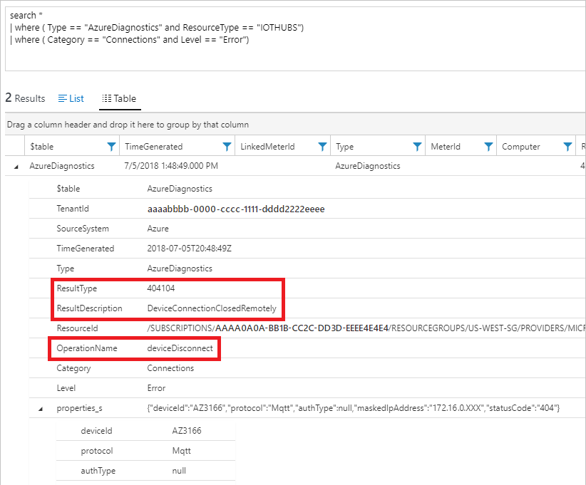 Example of error log