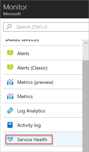 The service health link on Azure Monitor.