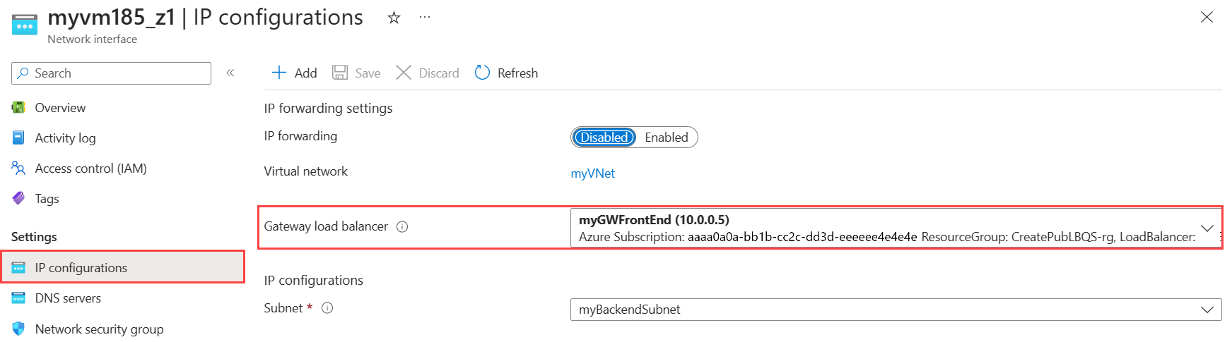 Screenshot of gateway load balancer selection in IP configuration settings.