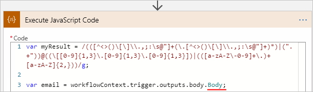 Screenshot showing the Consumption logic app workflow, Execute JavaScript Code action, and renamed "Body" property with closing semicolon.