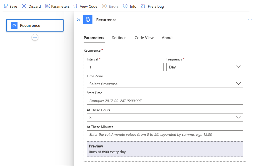 Screenshot shows Azure portal, Standard workflow, and Recurrence trigger parameters set up.