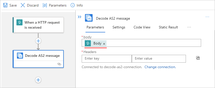 Screenshot showing single-tenant designer with resolved "Body" property output.