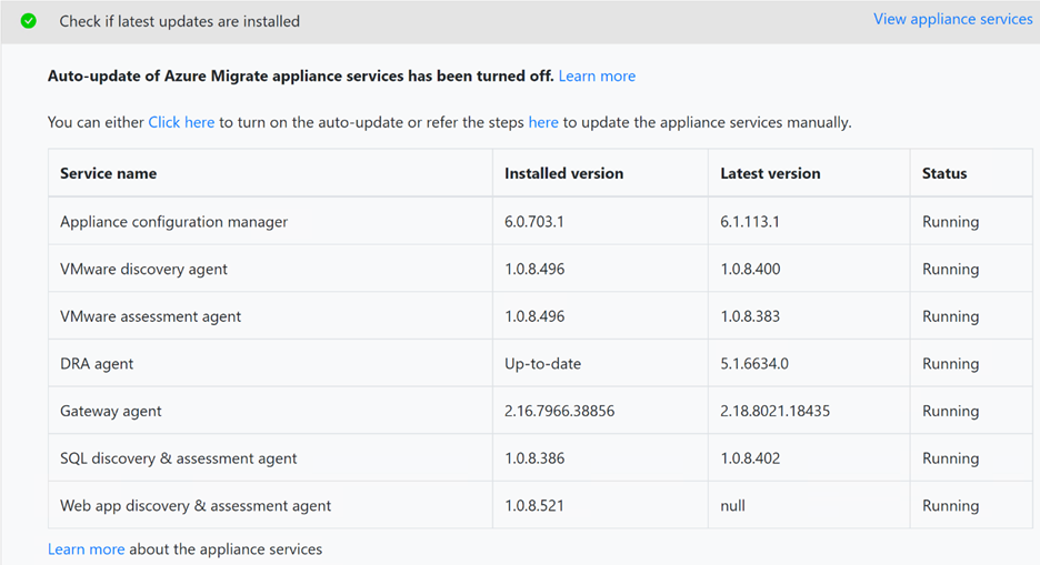 Snapshot of View appliance services.