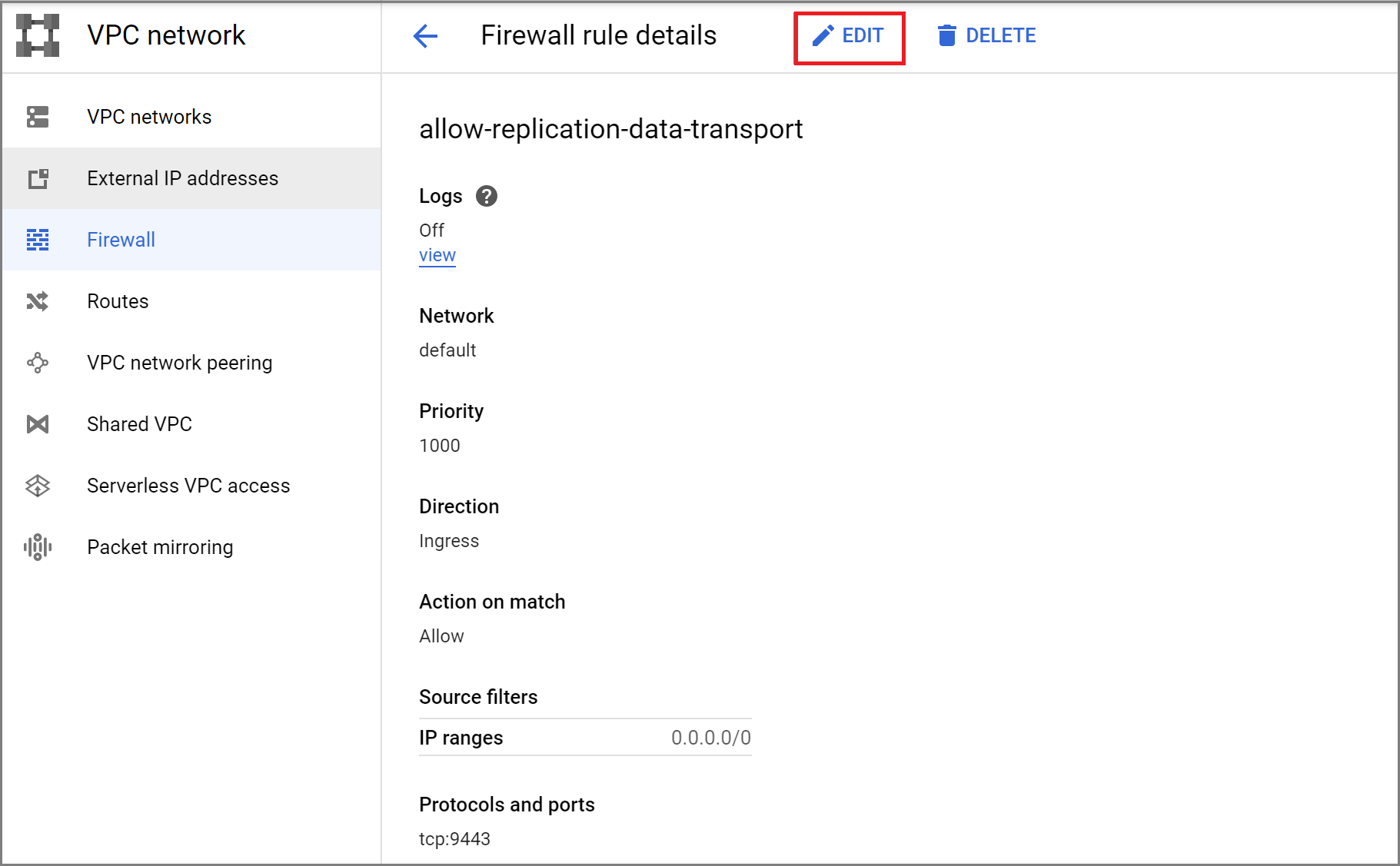 Screenshot that shows editing firewall rules.