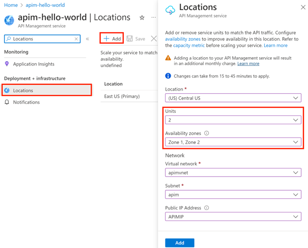 Screenshot that shows selections for adding a new location for an API Management instance with or without a virtual network.