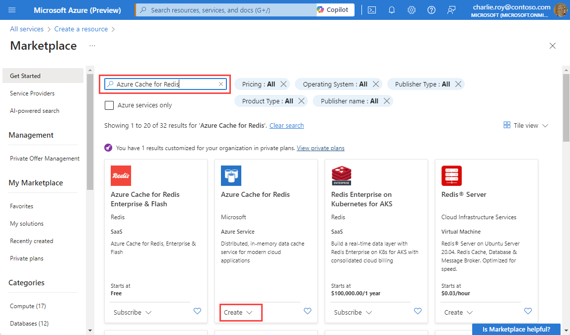 Screenshot that shows Azure Marketplace with Azure Cache for Redis in the search box, and the Create button is highlighted.