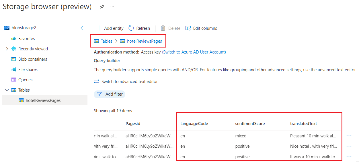 Screenshot of the generated tables in Storage Browser