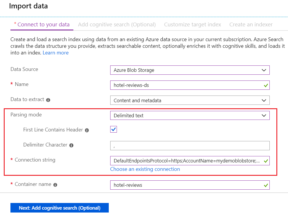 Screenshot of data source definition