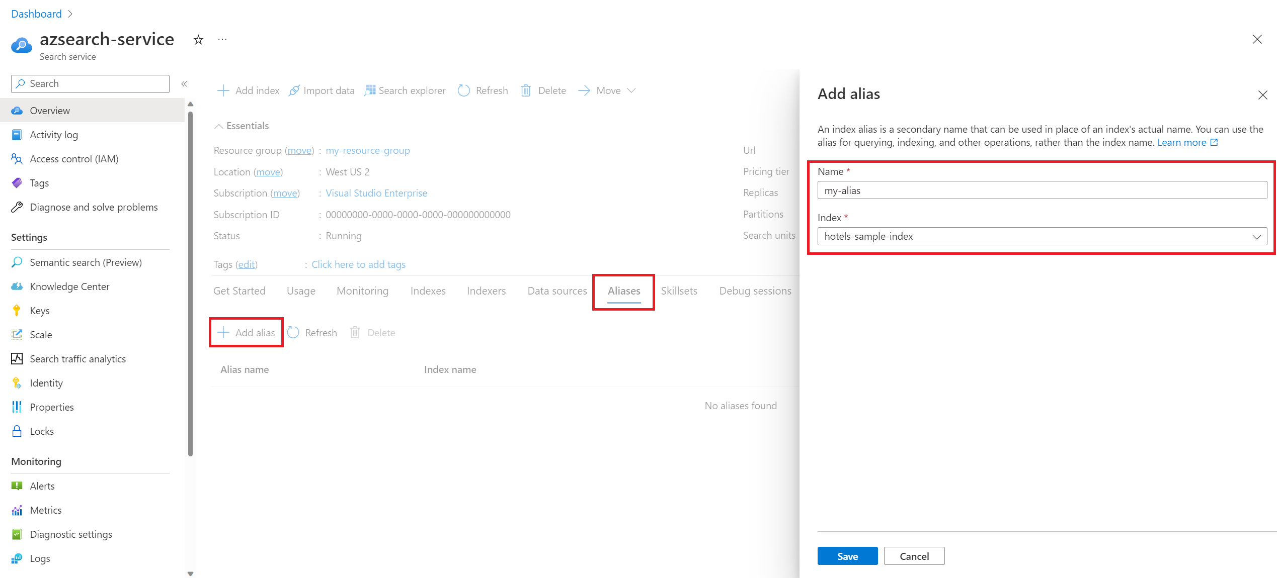 Screenshot creating an alias in the Azure portal.