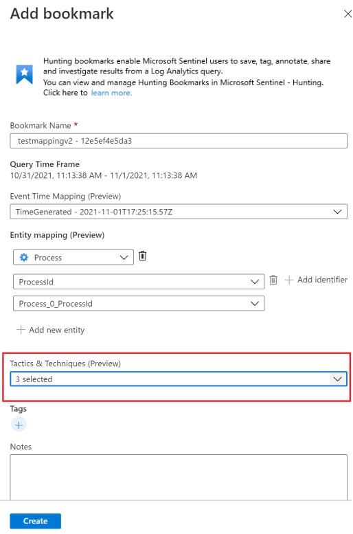 Screenshot of how to map Mitre Attack tactics and techniques to bookmarks.