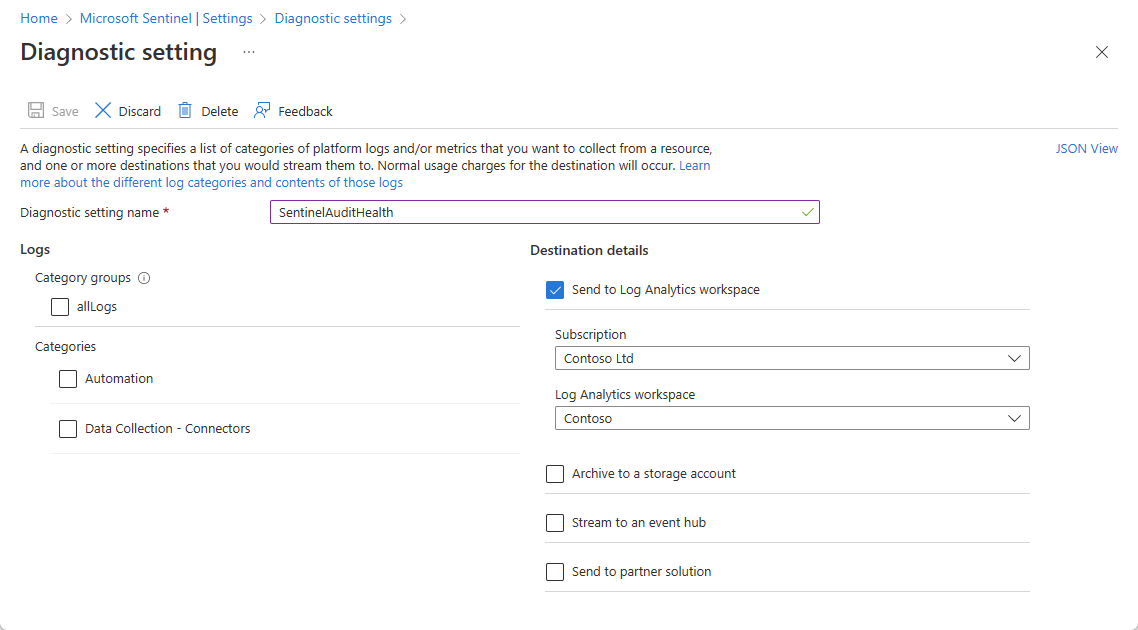 Screenshot of diagnostic settings screen for enabling auditing and health monitoring.