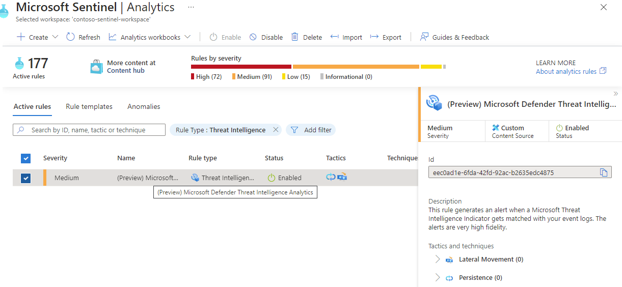 Screenshot that shows the Microsoft Defender Threat Intelligence Analytics rule enabled on the Active rules tab.