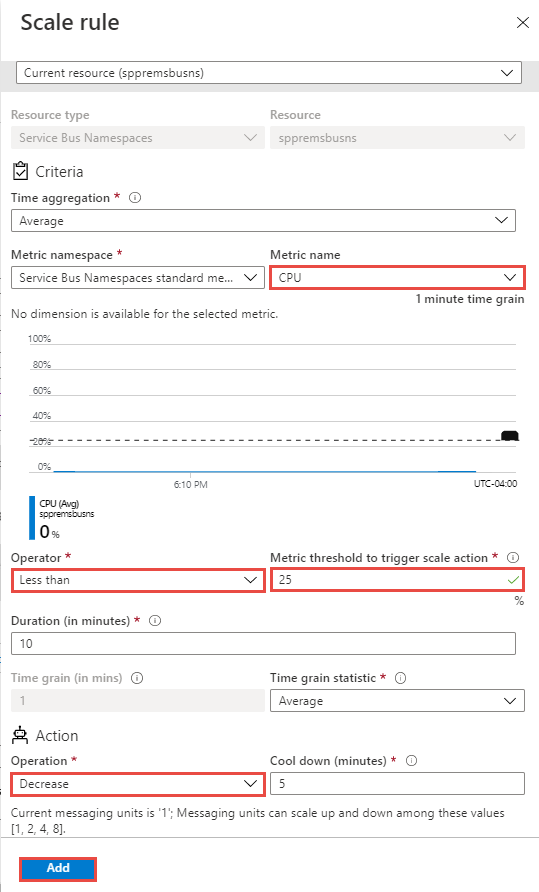 Default - scale in if CPU usage is less than 25%