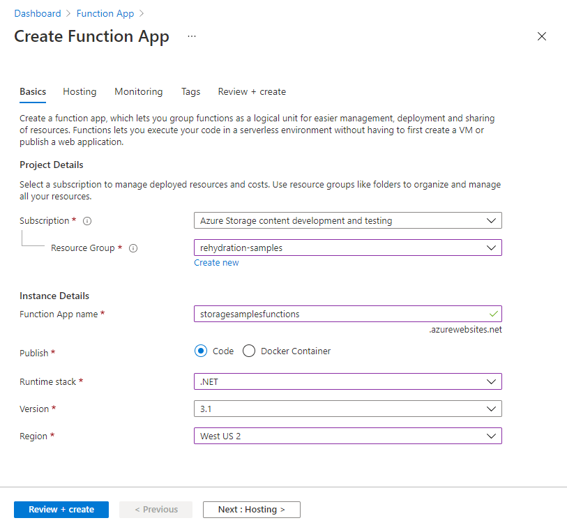 Screenshot showing how to create a new function app in Azure - Basics tab