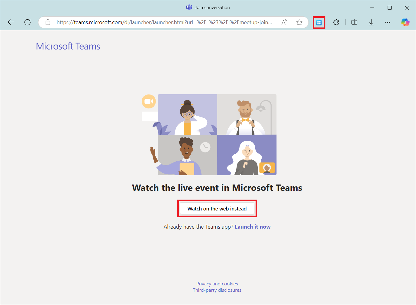 A screenshot of the 'Watch the live event in Microsoft Teams' web page. The 'watch on the web instead' option and the multimedia extension icon are highlighted in red.