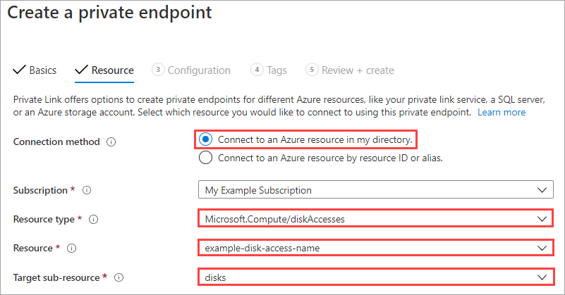 Screenshot of the private endpoint creation workflow, second pane. With all the values highlighted (Resource type, Resource, Target sub-resource).