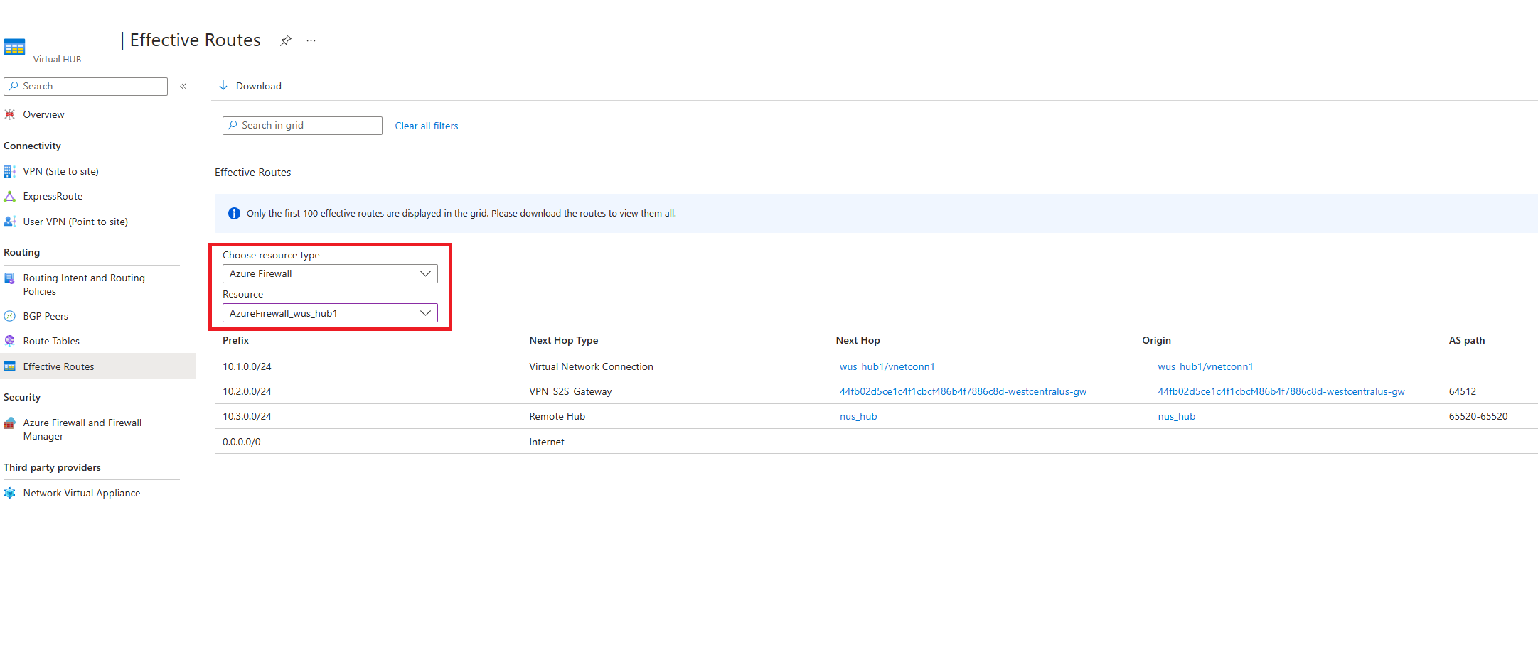 Screenshot showing effective routes for Azure Firewall.