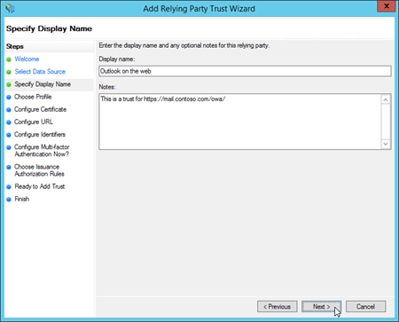 The Specify Display Name page in the Add Relying Party Trust Wizard.