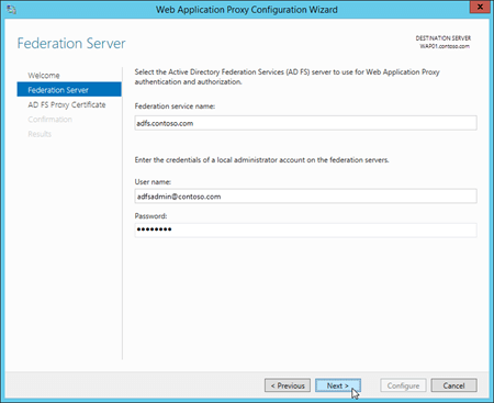 Enter the credentials for the AD FS server on the Federation Server  page in the Web Application Proxy Configuration Wizard.