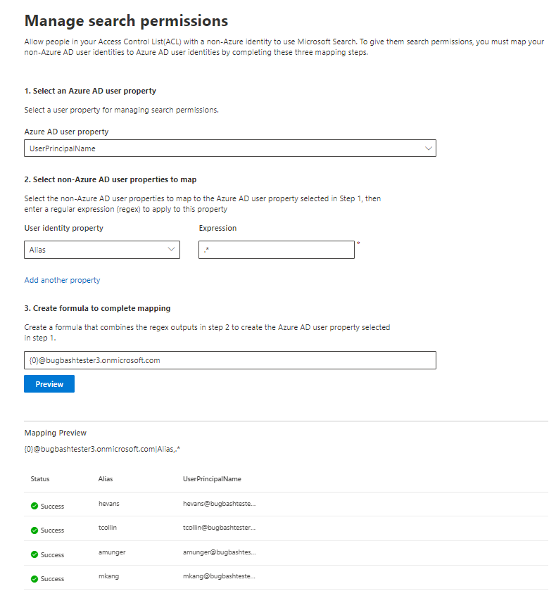 Sample snapshot of how to fill out the non-Azure AD mapping page.