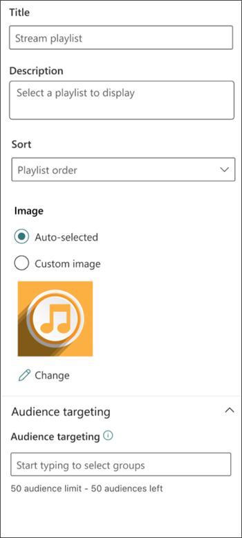 Screenshot of the Stream playlist properties pane showing playlist customization options.